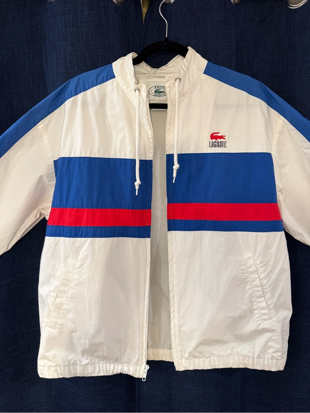 Vintage Lacoste Men’s White Windbreaker Jacket with Blue & Red Stripes